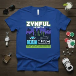 Zynful Lifestyle Bar Nights With Your Boys t-shirt design featuring city skyline, palm trees, pool, and party silhouettes
