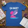Ça Gaze? narwhal design with pink smoke and blue waves on a royal blue t-shirt