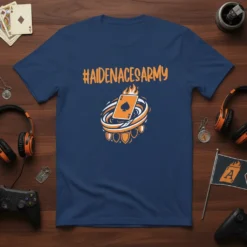 Dark blue t-shirt with "#AIDENACESARMY" in orange text above a flaming Ace of Spades graphic surrounded by orange and white