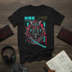 Cyberpunk samurai mask with glowing eyes and katana, featuring Japanese text "機械AND ERROR AND HUMAN 週末未来" and circuit board patterns