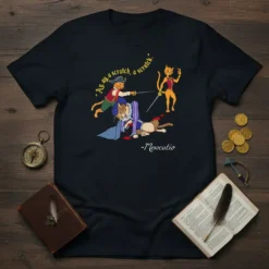 "Ay, ay, a scratch, a scratch." quote with cats fencing, "-Mewcutio" signature, dark t-shirt design