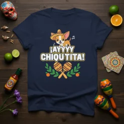 ¡AYYYY CHIQUITITA! text with a cartoon chihuahua wearing a sombrero, maracas, and oranges on a navy t-shirt