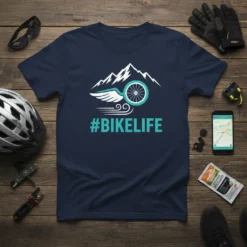 Navy blue t-shirt with #BIKELIFE hashtag, mountain graphic, and winged bicycle wheel design