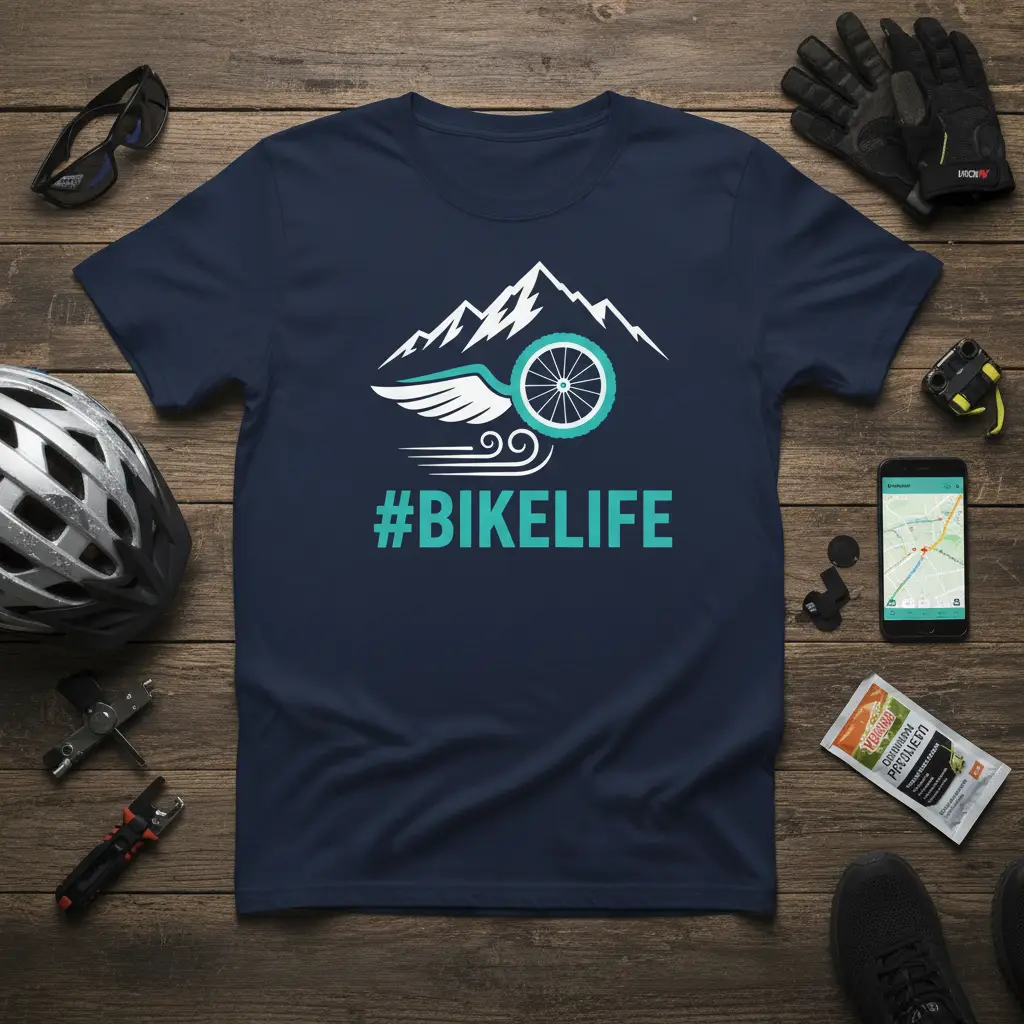 #BIKELIFE hashtag and winged bicycle wheel with mountain graphic on navy blue t-shirt