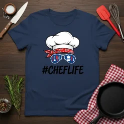 #CHEFLIFE t-shirt with chef hat, bandana, and sunglasses reflecting cooking utensils