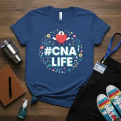 #CNA LIFE t-shirt design with cartoon heart wearing nurse cap, stethoscope, and medical icons in a circle
