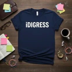 ¡DIGRESS text graphic on a navy blue t-shirt, white bold font, simple and modern design