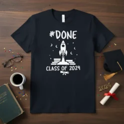 #DONE Class of 2024 graduation t-shirt featuring a white rocket launching from books, with stars and moons