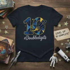 #Doubledigits birthday t-shirt with a number 10, rocket, and constellation design, navy blue color