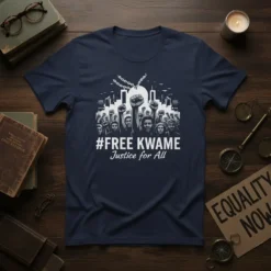 #FREE KWAME Justice for All t-shirt design featuring raised fists and city skyline graphic
