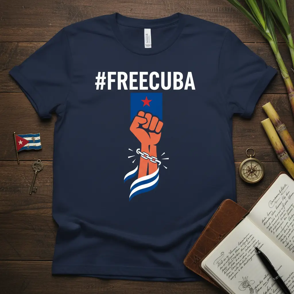#FREECUBA hashtag and a graphic of an orange fist breaking chains on a navy blue t-shirt