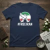 #FREEIRAN t-shirt with a white dove of peace flying in front of the Iranian flag colors and hashtag text