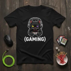 Black cat wearing headphones and holding a video game controller with the text (GAMING) on a t-shirt