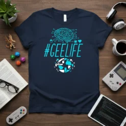 Navy t-shirt with #GEELIFE hashtag, circuit board brain graphic, and segmented globe design in bright blue