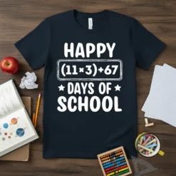 Happy ((11×3)+67) Days of School text with math equation on navy t-shirt