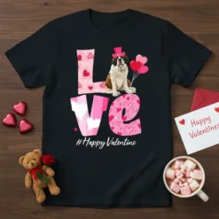 #Happy Valentine t-shirt design featuring a Saint Bernard dog wearing a pink hat and holding balloons, with the word LOVE