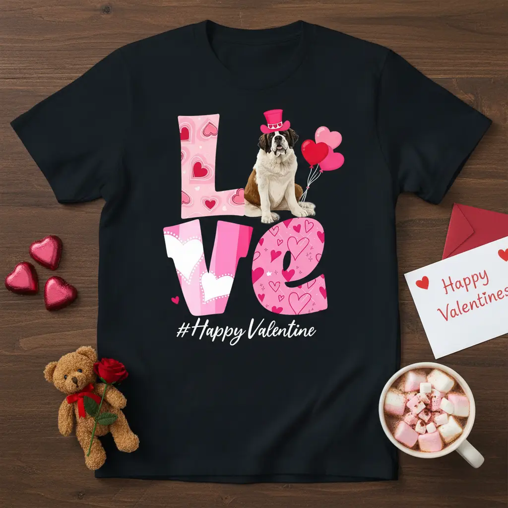 #Happy Valentine t-shirt design with a Saint Bernard dog and the word LOVE, perfect for dog lovers
