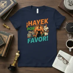 ¡Hayek Por Favor! quote in orange and teal text, featuring a stylized woman and graphic elements like books and film