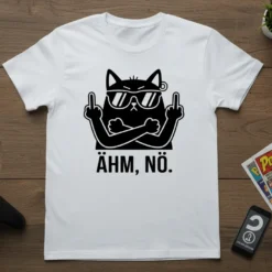 White t-shirt with a black cat illustration giving the middle finger, sunglasses, and the text "ÄHM, NÖ."