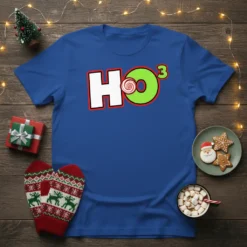HO³ Christmas holiday t-shirt design with bold white 'HO' and a green 'O' featuring a swirl candy and '³' symbol