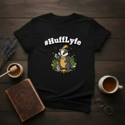 #HuffLyfe t-shirt design featuring a cartoon badger wearing a wizard hat and holding a shovel, surrounded by greenery