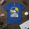 "I Am Mitochondrial Challenges?" quote on a blue t-shirt with a cartoon man lifting weights. Features bold white text and
