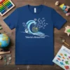 Blue t-shirt with the quote "I believe that's a Montessori School" featuring a wave, an open book, and small fish