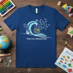 Blue t-shirt with the quote "I believe that's a Montessori School" featuring a wave, an open book, and small fish