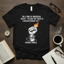 Black t-shirt with George Orwell quote "In a time of universal deceit - telling the truth is a revolutionary act"
