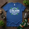 Éireann The Emerald Isle text with shamrocks and harp graphic on a royal blue t-shirt