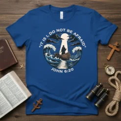 "It Is I, Do Not Be Afraid" John 6:20 t-shirt design showing a figure in a boat amidst stormy waves
