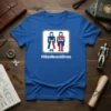 #IWasNeverADress t-shirt featuring stylized figures in blue and red, representing gender identity and pride