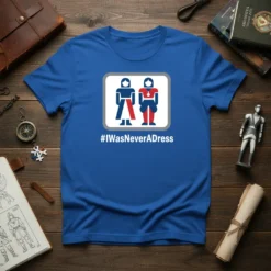 #IWasNeverADress t-shirt featuring stylized figures in blue and red, representing gender identity and pride