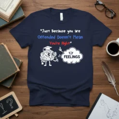 T-shirt with "Just Because you are Offended Doesn't Mean You're Right" quote and cartoon brain talking to a "FEELINGS" cloud