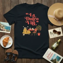 "La Dolce Vita" quote t-shirt with a yellow vintage scooter, red cafe table, and a potted citrus tree graphic