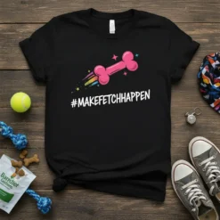 #MakeFetchHappen quote on a black t-shirt with a pink dog bone graphic and rainbow trail