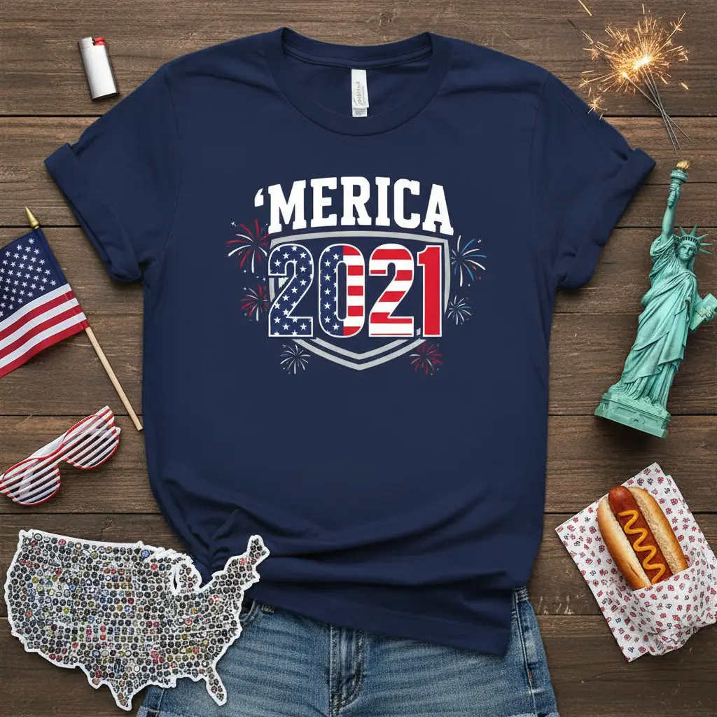 'Merica 2021 patriotic design with fireworks and USA flag elements on a navy tee