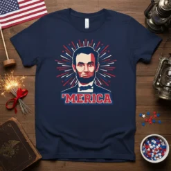 'Merica t-shirt design with Abraham Lincoln portrait and patriotic fireworks graphic, navy blue tee
