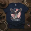 Patriotic 'MERICA t-shirt design with an eagle perched on a cowboy boot against the American flag