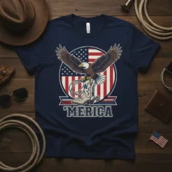Patriotic 'MERICA t-shirt design with an eagle perched on a cowboy boot against the American flag
