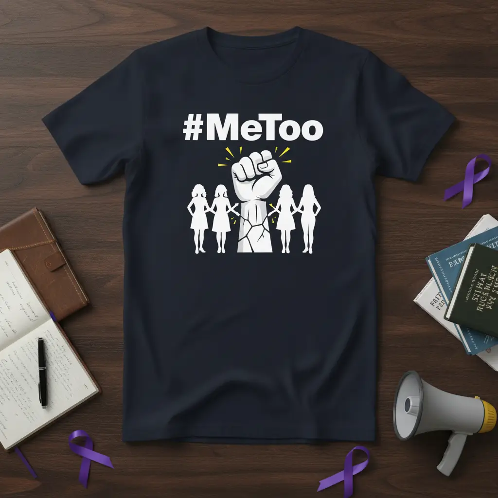 #MeToo hashtag and raised fist design on a navy blue feminist empowerment t-shirt
