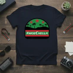#MOECHELLA hashtag design on a navy t-shirt featuring palm trees, red stars, and striped banner