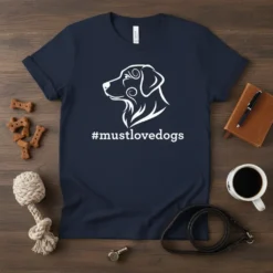 Navy blue t-shirt with white #mustlovedogs hashtag and stylized dog head graphic