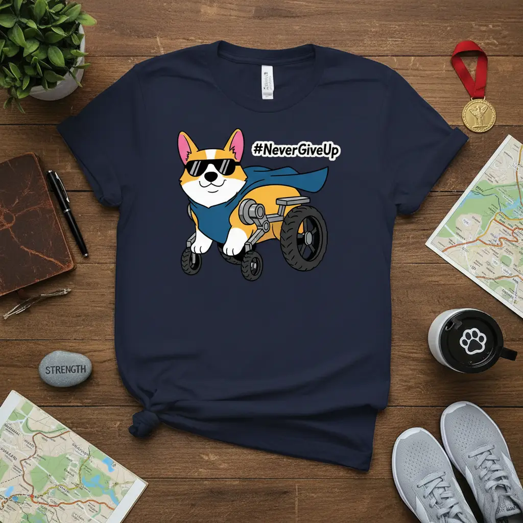 #NeverGiveUp corgi in a wheelchair with sunglasses and cape, inspirational quote design