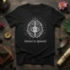 (nosce te ipsum) Latin quote on a black t-shirt with a stylized brain and eye graphic, symbolizing self-awareness