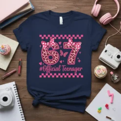 #Official Teenager 67th birthday t-shirt design with leopard print numbers, pink bows, and butterflies on a navy shirt