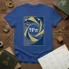 Blue t-shirt with a ?Pπ design featuring geometric shapes and the pi symbol in white and gold