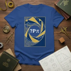 Blue t-shirt with a ?Pπ design featuring geometric shapes and the pi symbol in white and gold