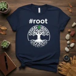 Navy blue t-shirt with a white #root hashtag and a stylized white Tree of Life graphic with a green leaf