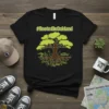 Black t-shirt with #RootedInOakland text above a tree design showcasing Oakland's skyline within its roots